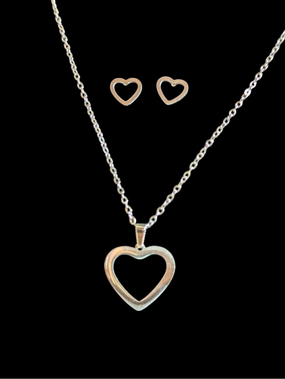 Silver Open Heart Pendant Necklace Stud Earrings Set Stainless Steel Minimalist